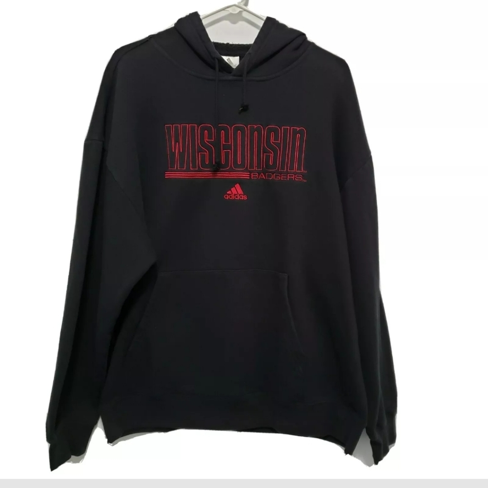 Adidas Hoodie Black Red Logo Wisconsin Badgers Pullover Men Size Large